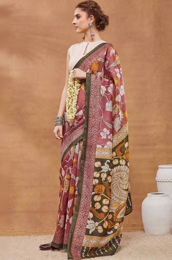 Maroon printed silk blend ethnic saree with blouse piece