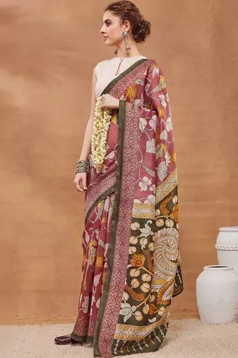 Maroon printed silk blend ethnic saree with blouse piece