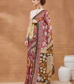 Maroon printed silk blend ethnic saree with blouse piece