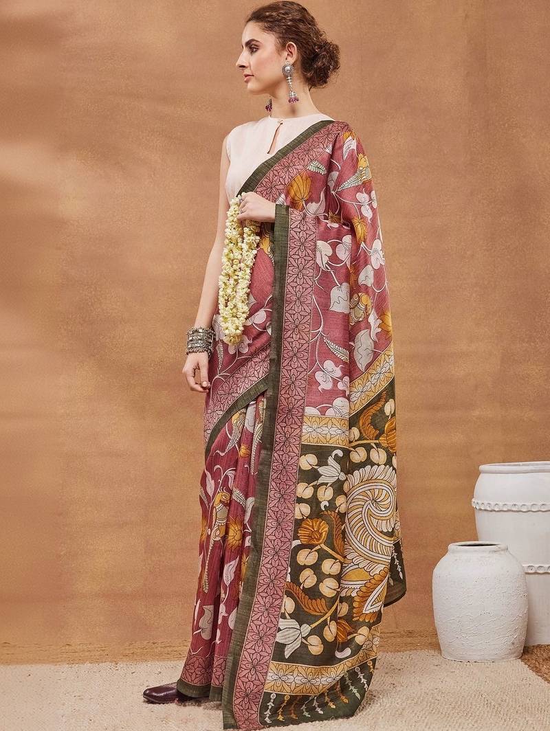 Maroon printed silk blend ethnic saree with blouse piece