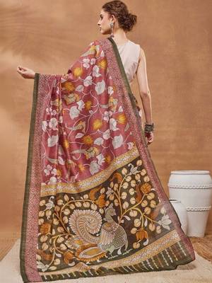 Maroon printed silk blend ethnic saree with blouse piece 2
