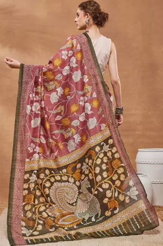 Maroon printed silk blend ethnic saree with blouse piece