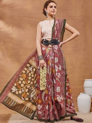 Maroon printed silk blend ethnic saree with blouse piece 3