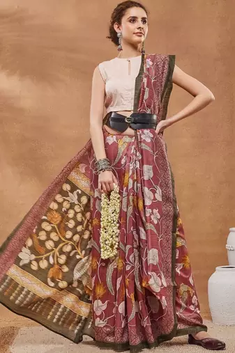 Maroon printed silk blend ethnic saree with blouse piece