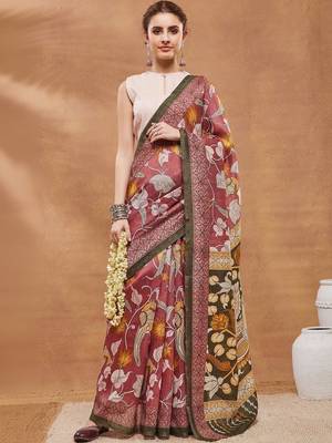 Maroon printed silk blend ethnic saree with blouse piece 4