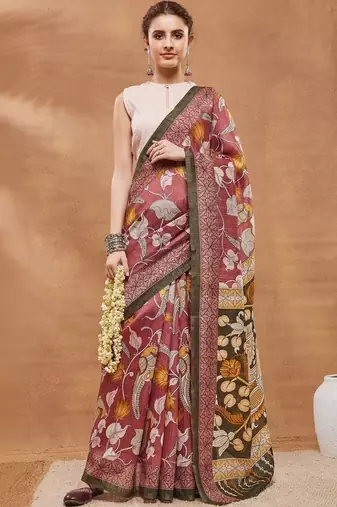 Maroon printed silk blend ethnic saree with blouse piece
