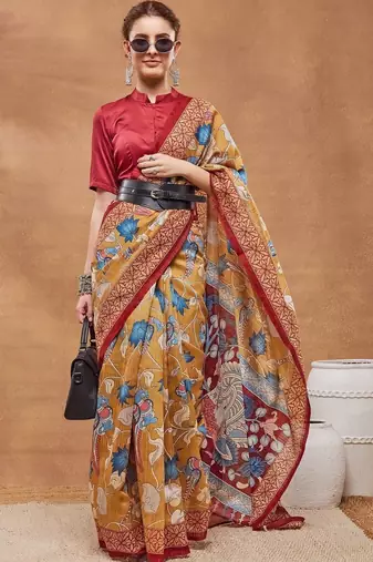 Mustard printed silk blend ethnic saree with blouse piece