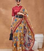 Mustard printed silk blend ethnic saree with blouse piece