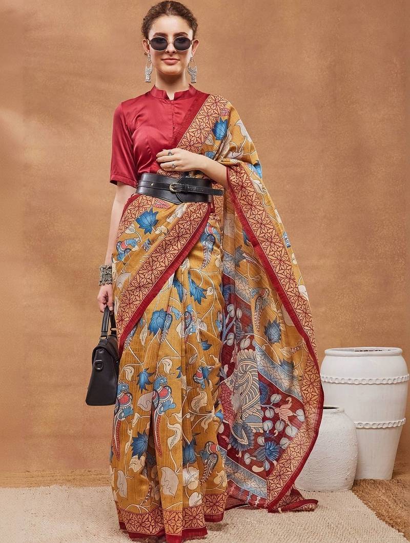 Mustard printed silk blend ethnic saree with blouse piece