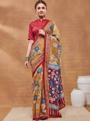 Mustard printed silk blend ethnic saree with blouse piece 2