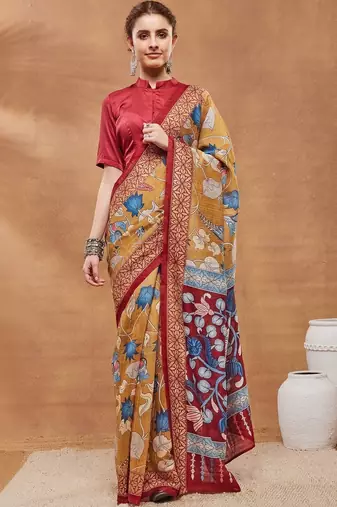 Mustard printed silk blend ethnic saree with blouse piece