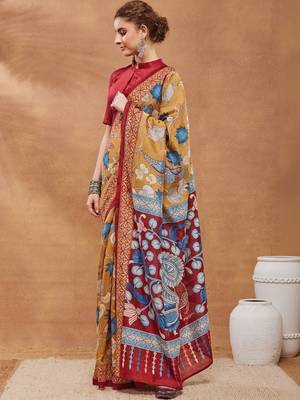 Mustard printed silk blend ethnic saree with blouse piece 3