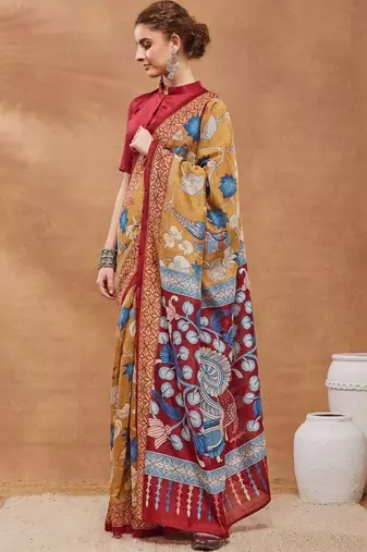 Mustard printed silk blend ethnic saree with blouse piece