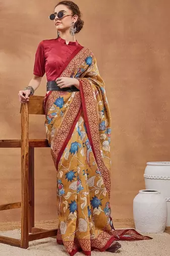 Mustard printed silk blend ethnic saree with blouse piece