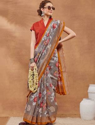 Grey printed silk blend ethnic saree with blouse piece 1