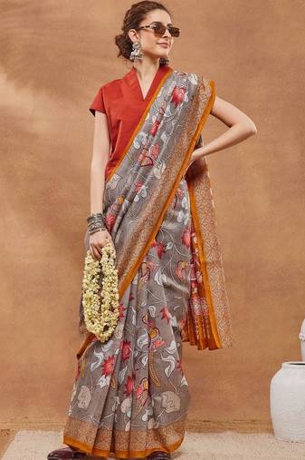 Grey printed silk blend ethnic saree with blouse piece