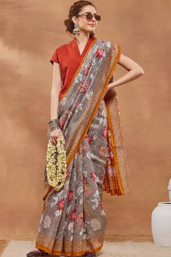 Grey printed silk blend ethnic saree with blouse piece