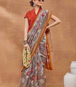 Grey printed silk blend ethnic saree with blouse piece