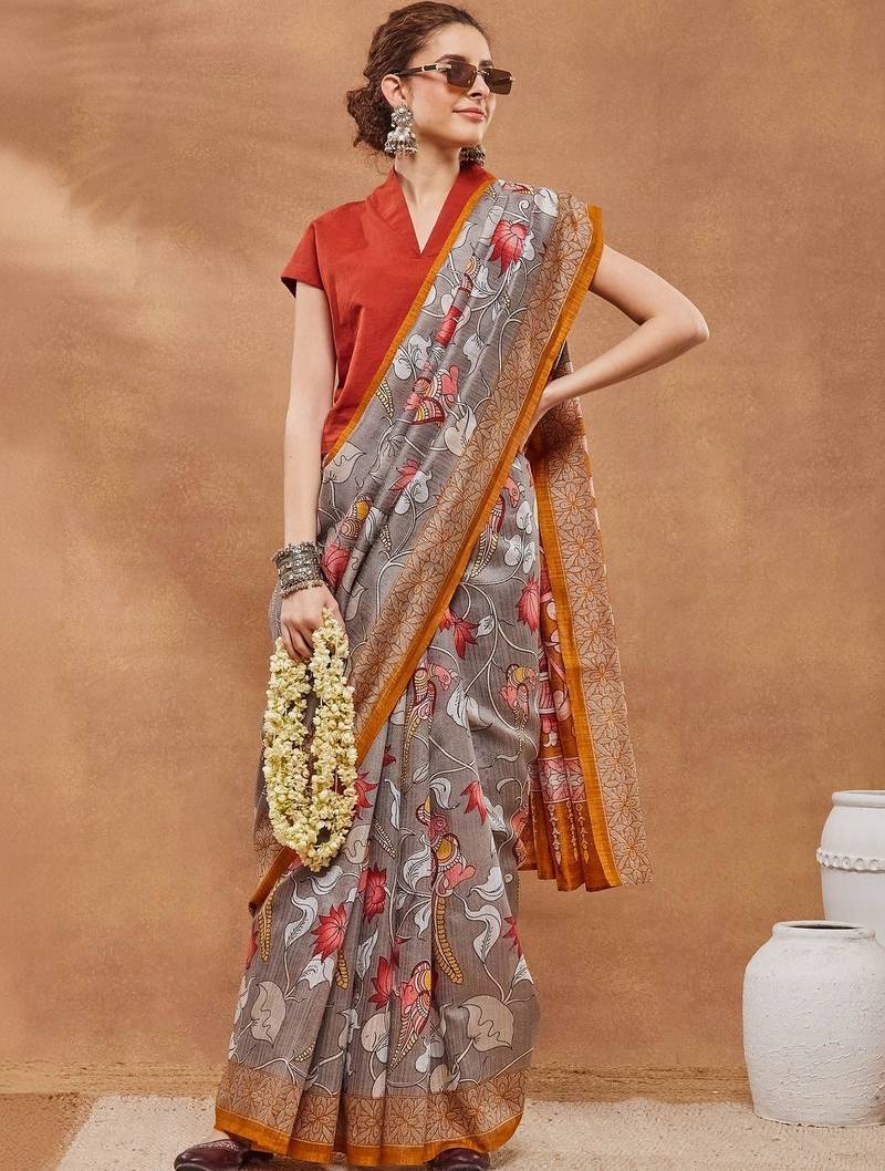 Grey printed silk blend ethnic saree with blouse piece