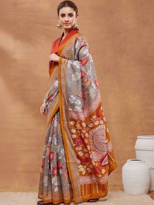 Grey printed silk blend ethnic saree with blouse piece 2