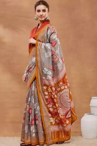Grey printed silk blend ethnic saree with blouse piece