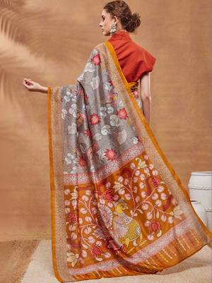 Grey printed silk blend ethnic saree with blouse piece 3