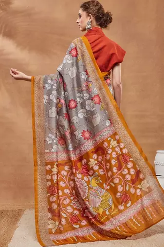 Grey printed silk blend ethnic saree with blouse piece