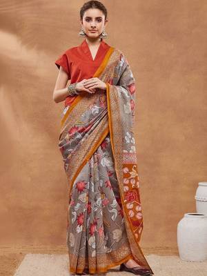 Grey printed silk blend ethnic saree with blouse piece 4