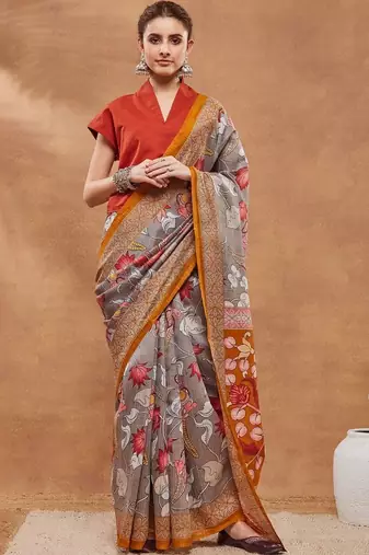 Grey printed silk blend ethnic saree with blouse piece