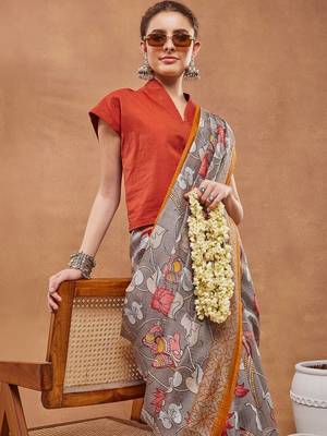 Grey printed silk blend ethnic saree with blouse piece 5