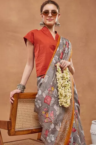 Grey printed silk blend ethnic saree with blouse piece
