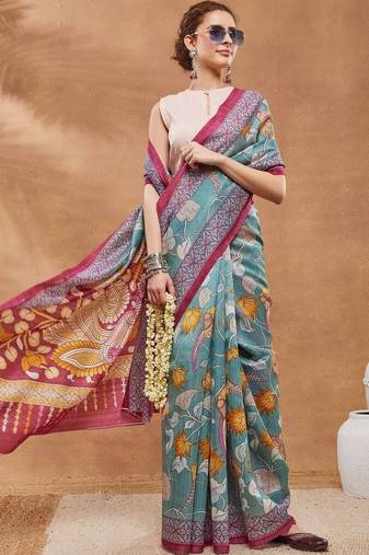 Teal printed silk blend ethnic saree with blouse piece