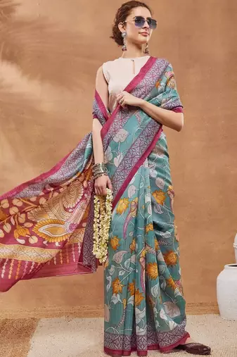 Teal printed silk blend ethnic saree with blouse piece