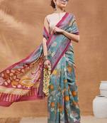 Teal printed silk blend ethnic saree with blouse piece