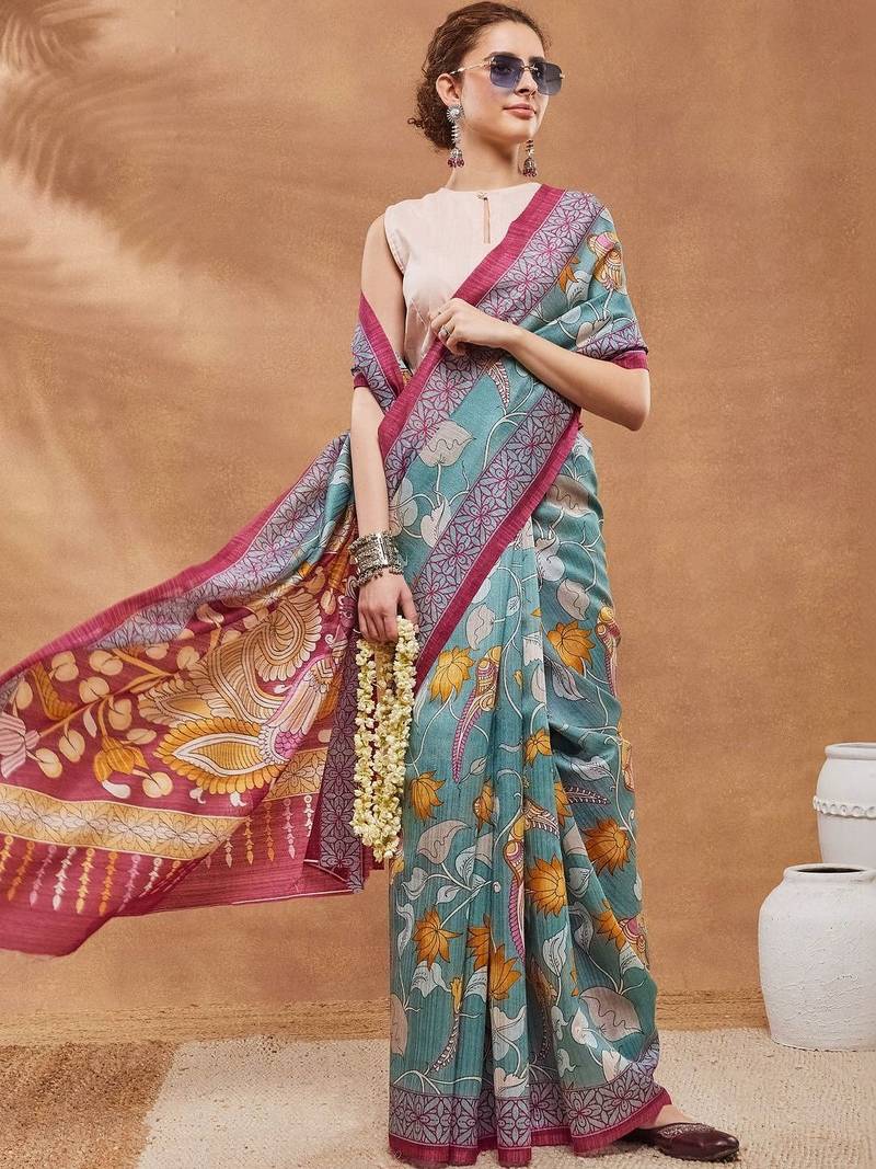 Teal printed silk blend ethnic saree with blouse piece