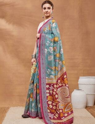 Teal printed silk blend ethnic saree with blouse piece 2