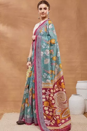 Teal printed silk blend ethnic saree with blouse piece