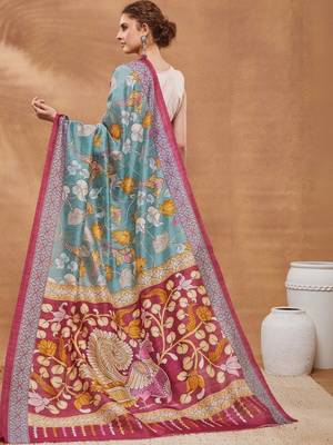 Teal printed silk blend ethnic saree with blouse piece 3