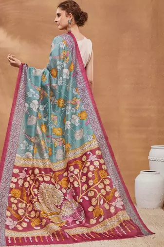 Teal printed silk blend ethnic saree with blouse piece