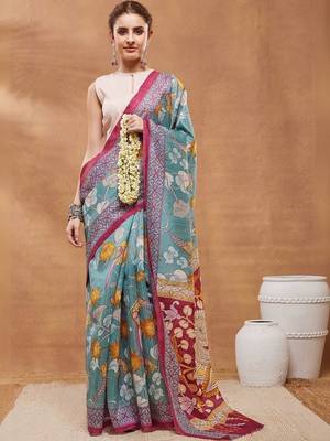 Teal printed silk blend ethnic saree with blouse piece 4