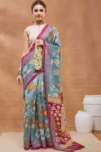 Teal printed silk blend ethnic saree with blouse piece