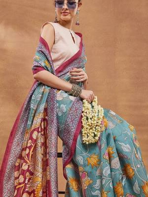 Teal printed silk blend ethnic saree with blouse piece 5