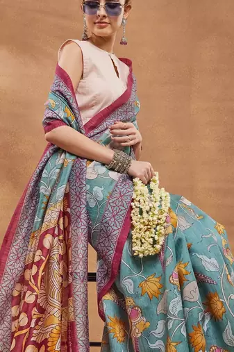 Teal printed silk blend ethnic saree with blouse piece