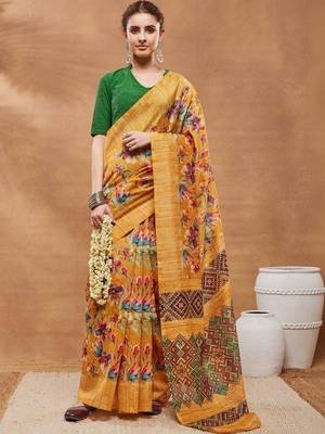 Mustard printed silk blend ethnic saree with blouse piece 1