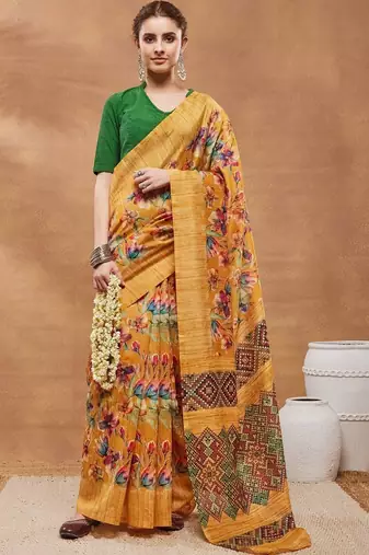 Mustard printed silk blend ethnic saree with blouse piece