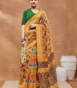 Mustard printed silk blend ethnic saree with blouse piece