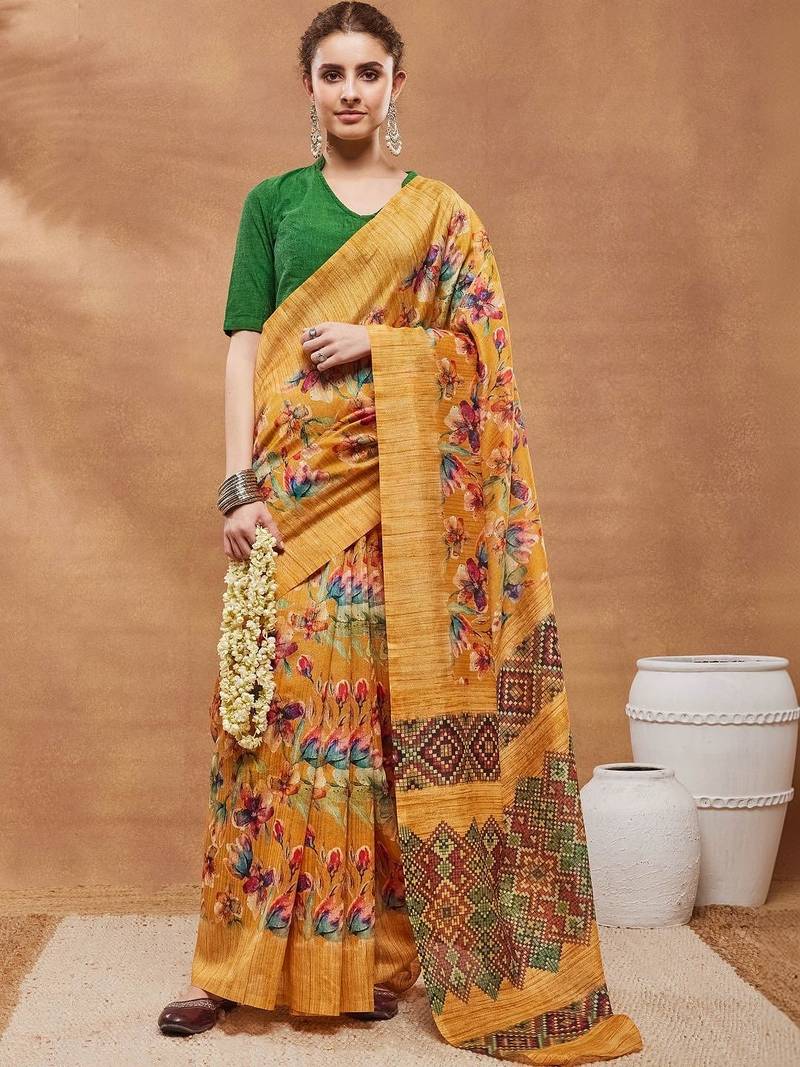 Mustard printed silk blend ethnic saree with blouse piece