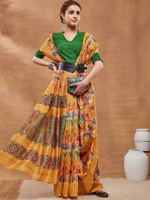 Mustard printed silk blend ethnic saree with blouse piece 2