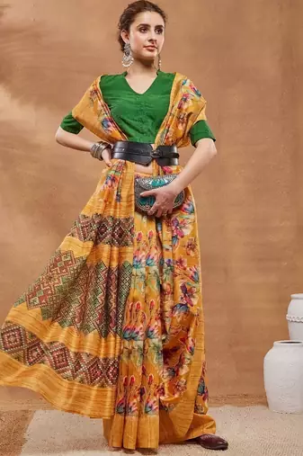 Mustard printed silk blend ethnic saree with blouse piece