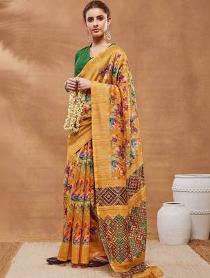 Mustard printed silk blend ethnic saree with blouse piece 3